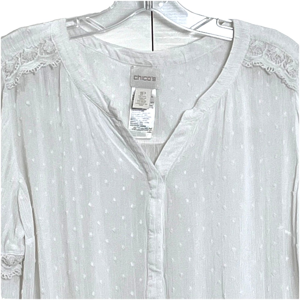 Chico's Women's Lace Trim Blouse 1P/US 8P Ivory Swiss Dot‎ Embroidered Boho-Chic - Picture 4 of 13